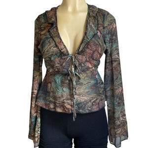 Wild Fable Sleeve Blouse Boho XS Sheer Mesh Tie Front Long  Retro Y2K Top